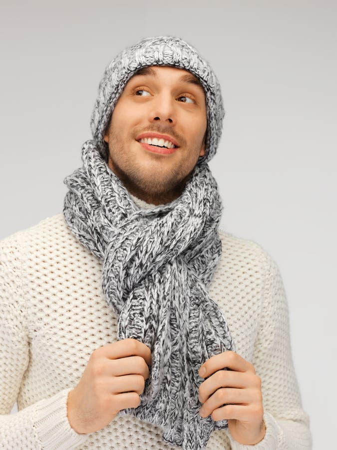 Handsome Man in Warm Sweater, Hat and Scarf Stock Photo - Image of ...