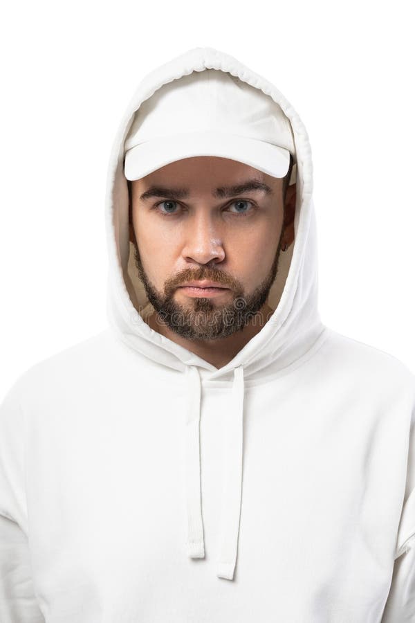 Handsome Man Wearing Blank White Cap and Hoodie on White Background