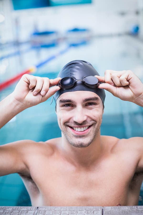 Handsome Man Wearing Swim Cap and Goggles Stock Image Image of