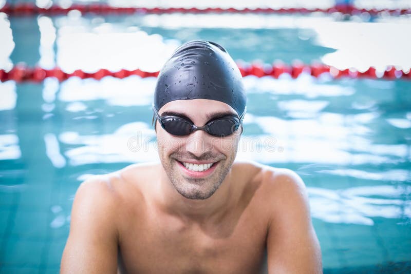 Handsome Man Wearing Swim Cap and Goggles Stock Photo Image of