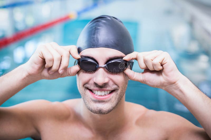 Handsome Man Wearing Swim Cap and Goggles Stock Photo Image of