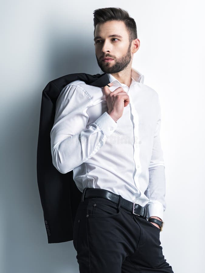 Handsome Man in Black Suit with White Shirt Stock Image - Image of ...