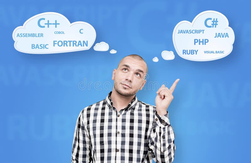 Handsome man wondering about programming language stock images Handsome man wondering about programming language stock images