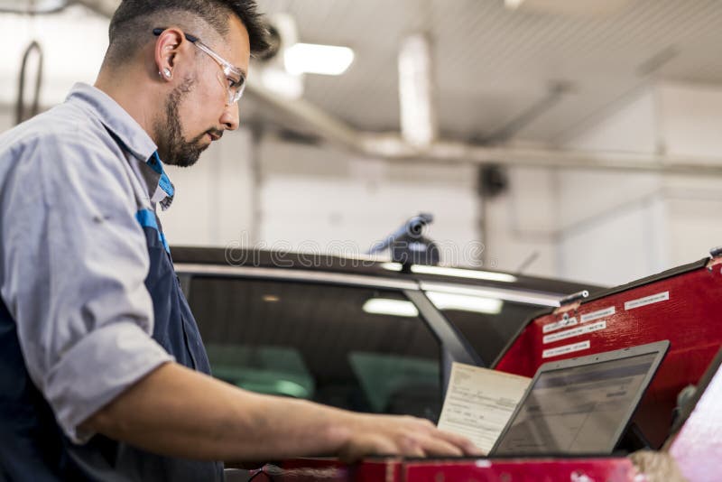 Handsome Mechanic Job in Uniform Working on Car Stock Image Image of