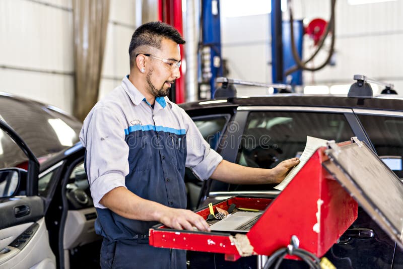 Handsome Mechanic Job in Uniform Working on Car Stock Image Image of