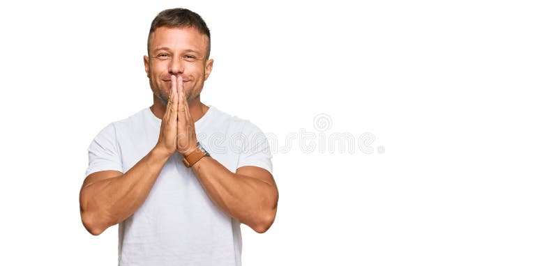 Handsome Muscle Man Wearing Casual White Tshirt Praying with Hands ...