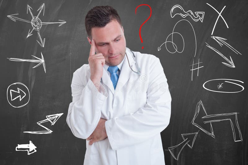 Handsome pensive doctor in a white coat contemplating stock photography Handsome pensive doctor in a white coat contemplating stock photography