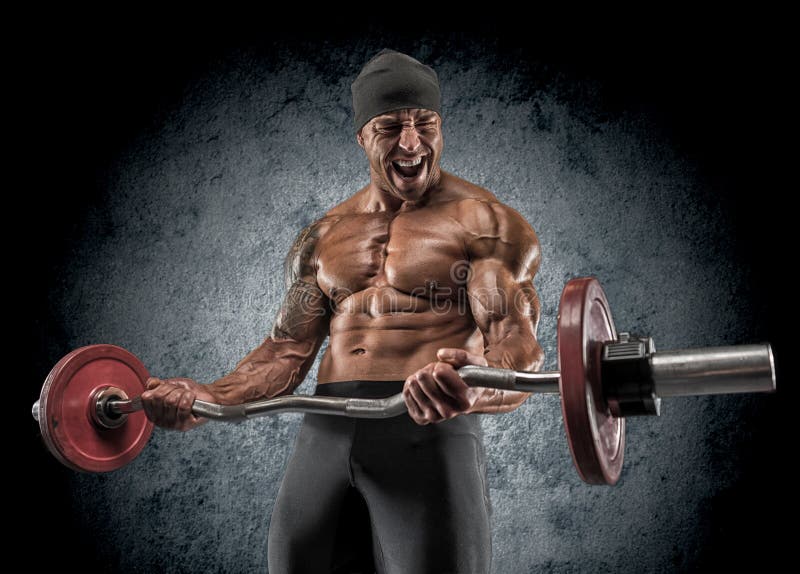 Handsome power athletic man bodybuilder doing exercises with barbell. Fitness muscular body on dark background.