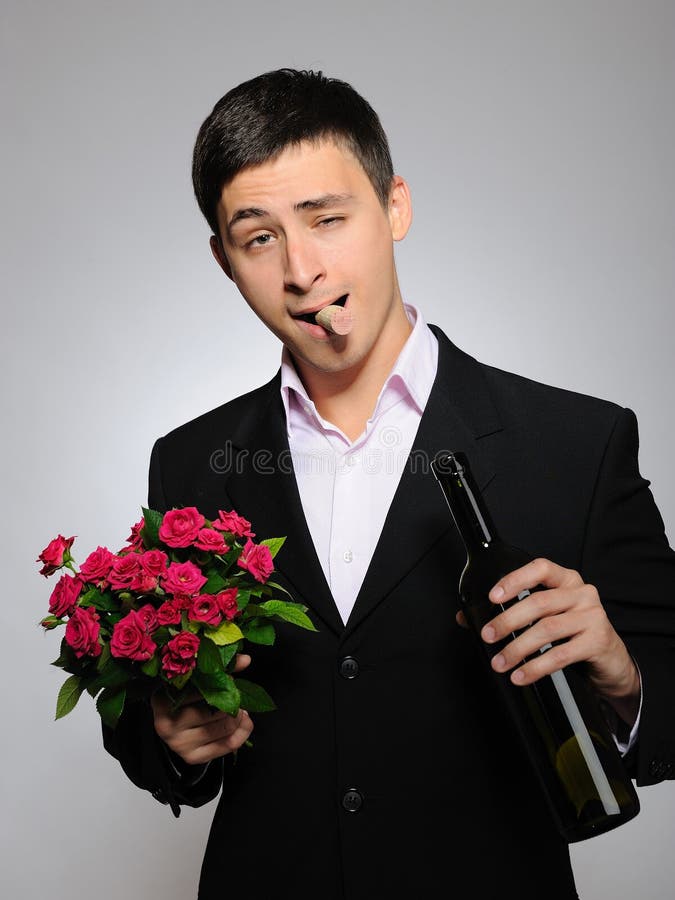 Handsome Romantic Man with Rose Flower,vine Bottle Stock Photo Image