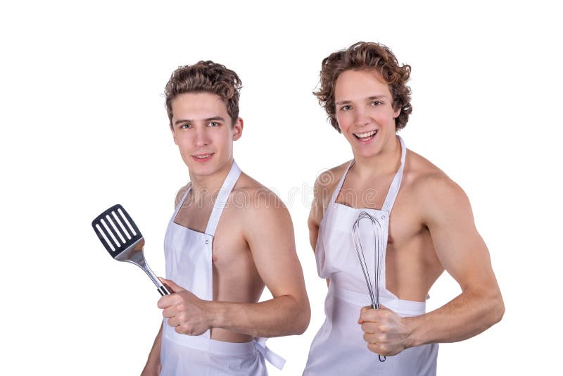 Two Handsome Chefs With Apron On Naked Muscular Body With Kitchen Utensils Isolated On White 