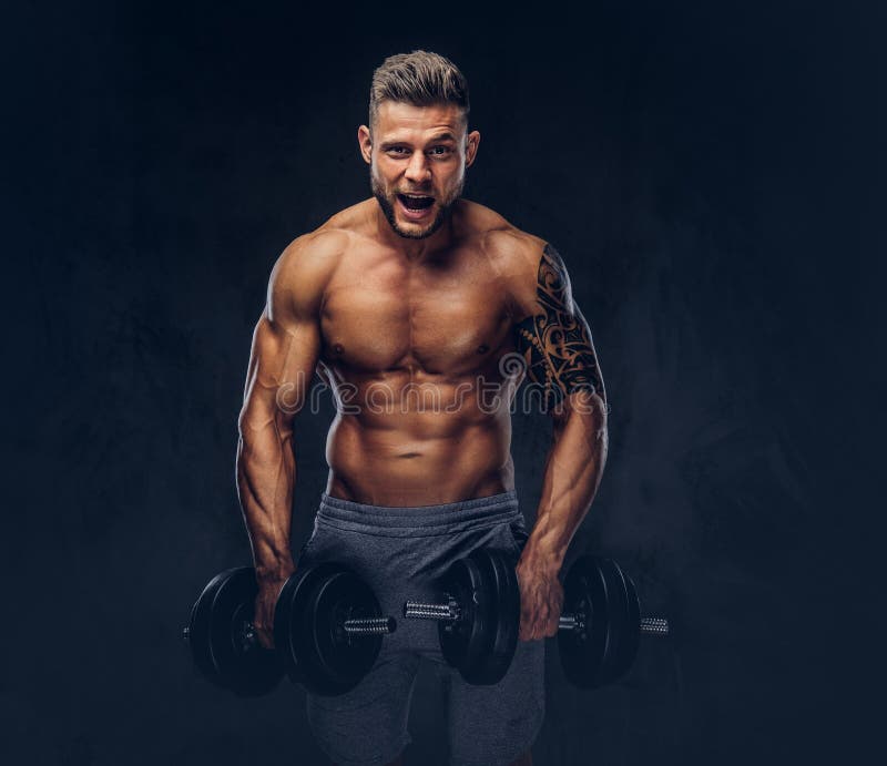 Stylish Bodybuilder Touches His Mustache and Posing Stock Photo  Image of  bodybuilder hair 197045378