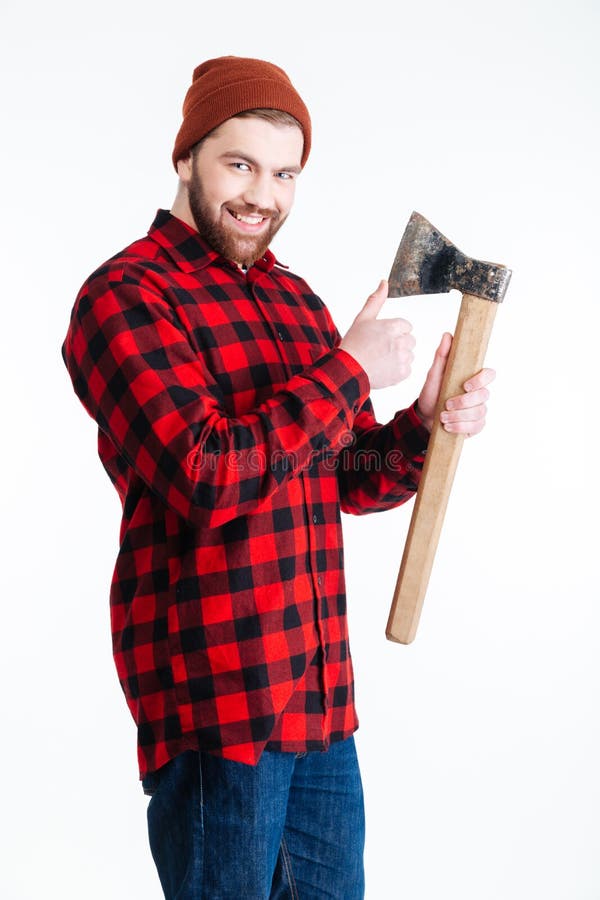 Handsome Smiling Bearded Man Holding Axe Stock Photo - Image of male ...