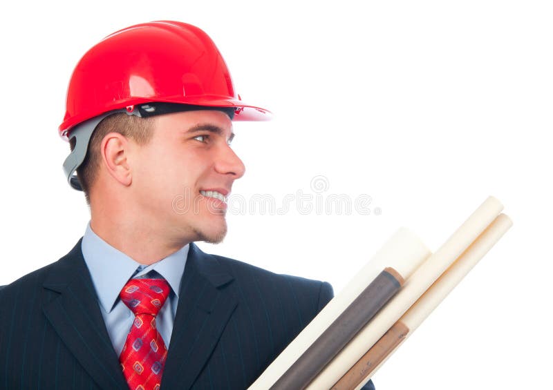 Handsome smiling engineer with hard hat on his hea