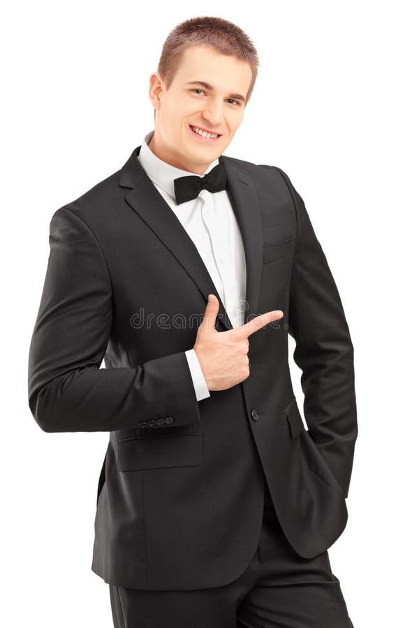 Handsome Stylish Male In Bow Tie Suit Pointing Stock Photo Image of