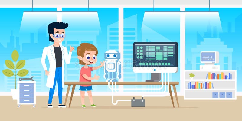 Handsome teacher help little boy with programming and creating smart robot. Courses at modern office classrom for kids royalty free illustration Handsome teacher help little boy with programming and creating smart robot. Courses at modern office classrom for kids royalty free illustration