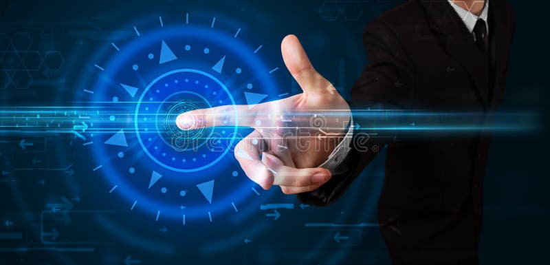 Handsome tech guy pressing high technology control panel screen royalty free stock image