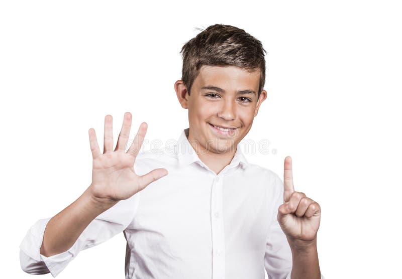 Handsome teenager showing 6 fingers, palm, number six gesture stock images Handsome teenager showing 6 fingers, palm, number six gesture stock images