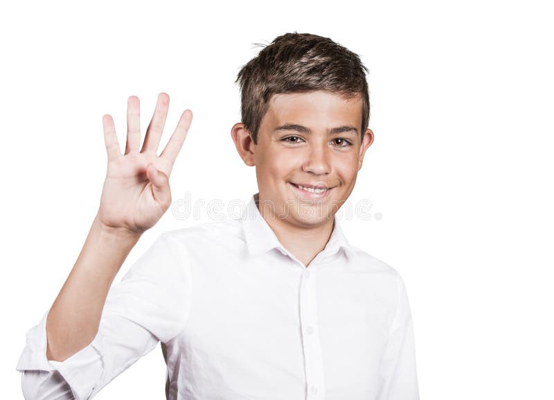 Handsome teenager showing four fingers, number 4 gesture