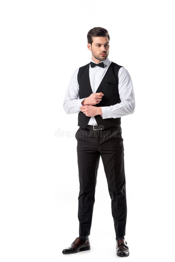 Handsome Waiter in Suit Vest with Bow Tie Stock Photo - Image of work ...