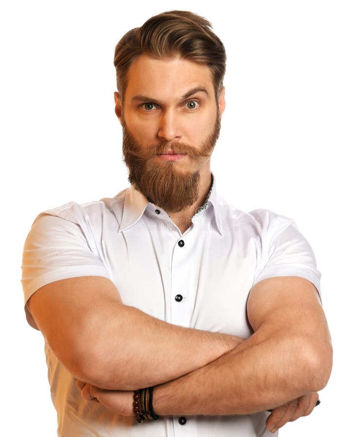Handsome Young Bearded Man In Process Of Trimming His Beard Isolated On