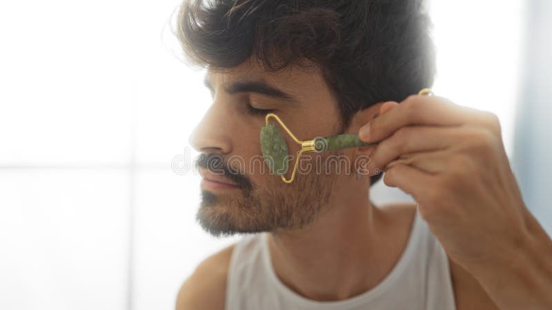 Handsome young hispanic man using jade roller in spa salon for skincare wellness routine royalty free stock photo