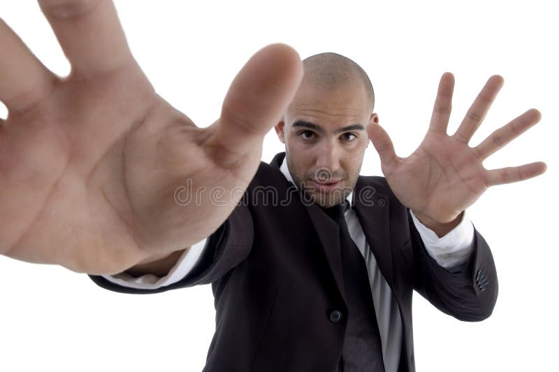 Handsome young lawyer showing open palms