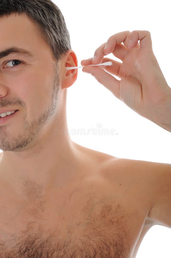 Handsome Young Man Cleaning Ears with Cotton Pad Stock Image Image of