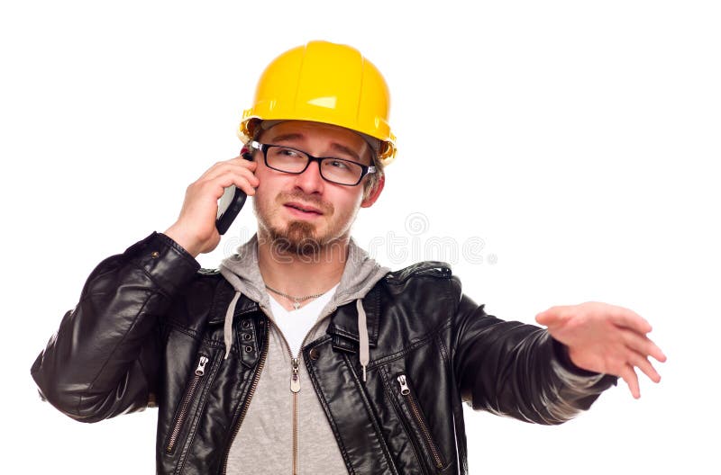 Handsome Young Man in Hard Hat on Phone