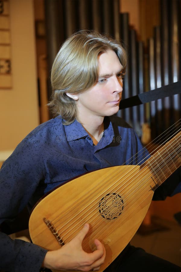 Handsome Young Man Playing Antique Lute Stock Image Image of violin