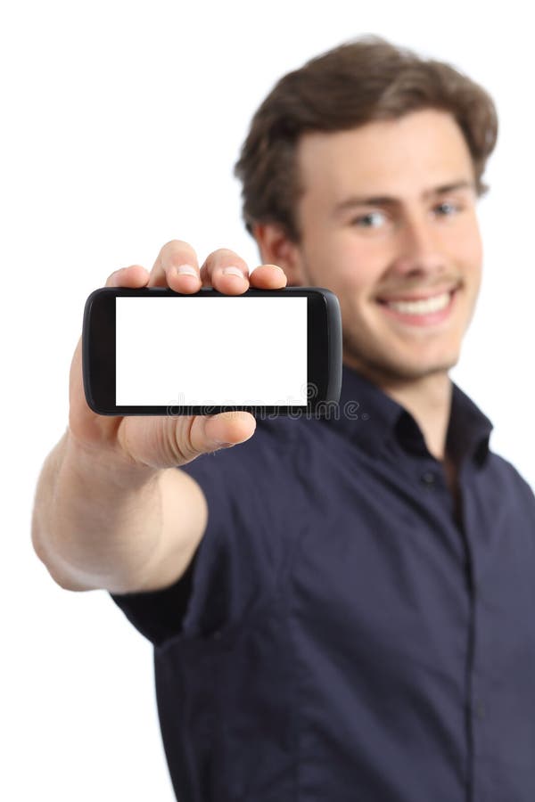 Handsome young man showing a blank smart phone display royalty free stock image Handsome young man showing a blank smart phone display royalty free stock image