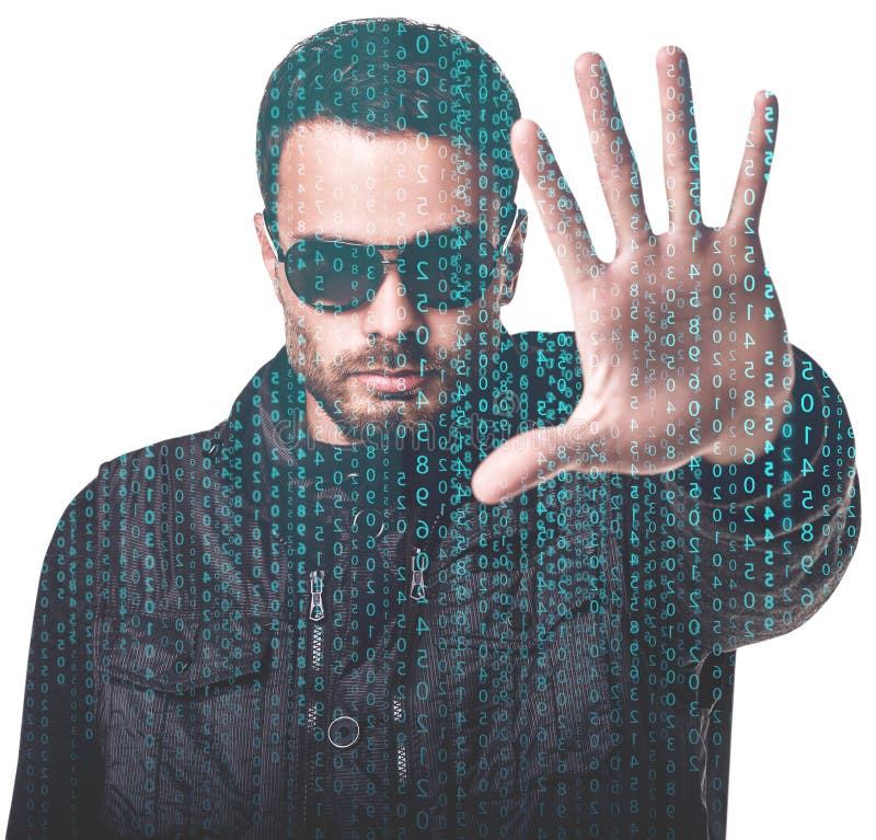 Handsome man in sunglasses among digital matrix code. royalty free stock photography