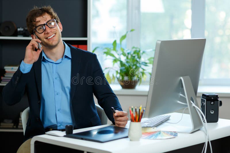 Handsome Young Man Working from Home Office Stock Photo Image of