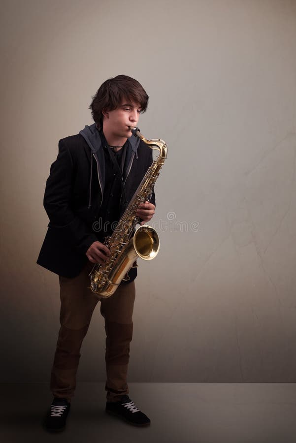 Young Musician Playing on Saxophone Stock Image Image of male