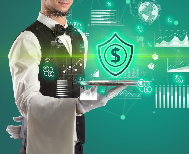 Un chelner tânăr și chipeș cu pictograme în monedă fracționată pe tavă stock photography