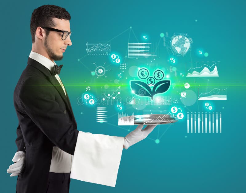 Un chelner tânăr și chipeș cu pictograme în monedă fracționată pe tavă stock image