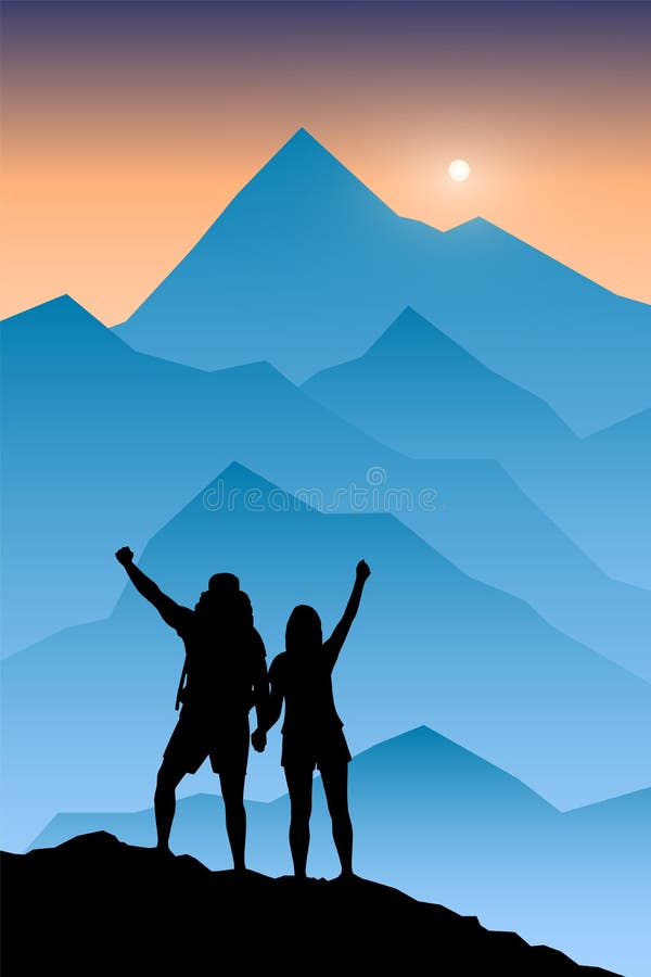 Силуэт пары туристов с поднятыми руками иллюстрация вектора