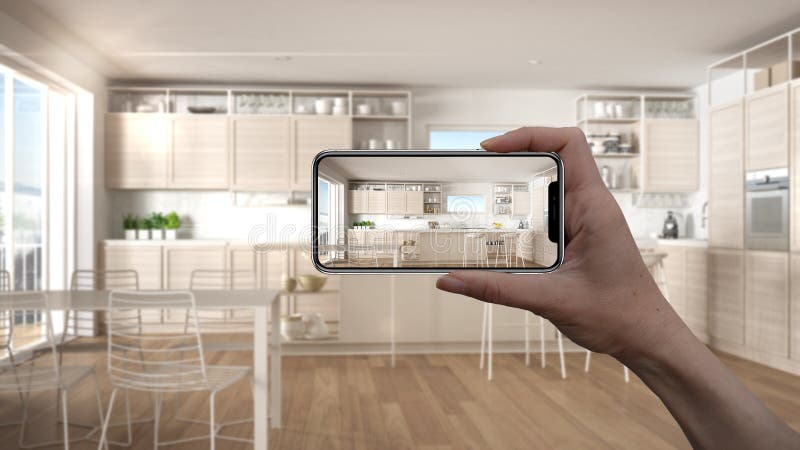 Handtag med smart telefon, AR-tillämpning, simulering av möbler och inredningsprodukter i riktigt hem, arkitektondesignerkoncept
