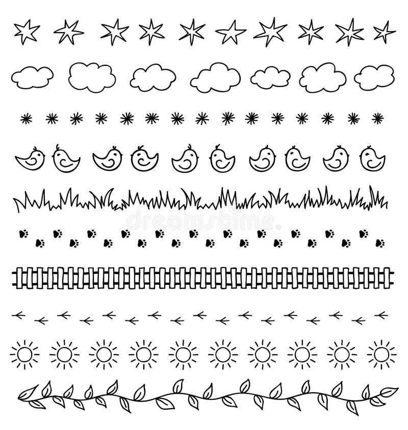 Handteckningsuppsättning av klottergränser royaltyfri illustrationer Handteckningsuppsättning av klottergränser royaltyfri illustrationer