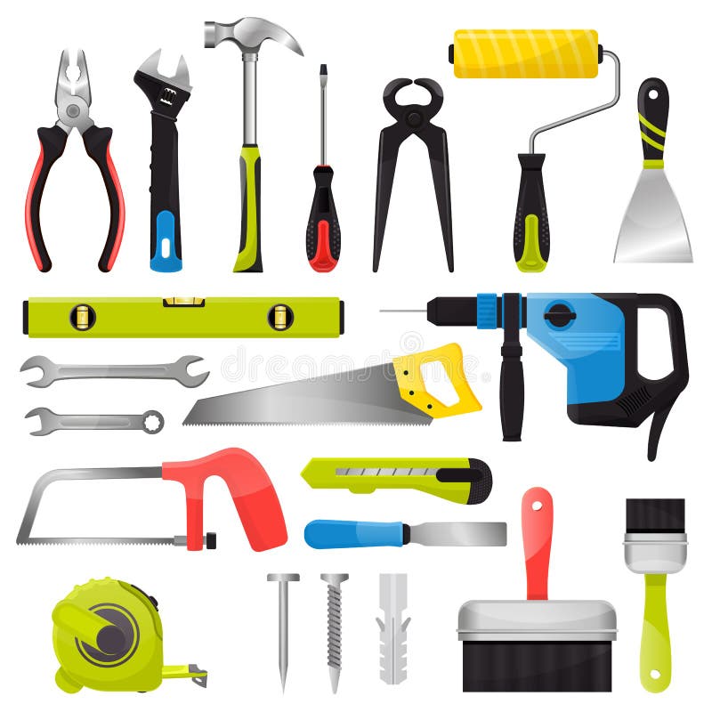 Handtoolvektorhandtools bultar plattång, och skruvmejseln av seminariet för toolboxillustrationkonstruktion ställde in av snickar royaltyfri illustrationer