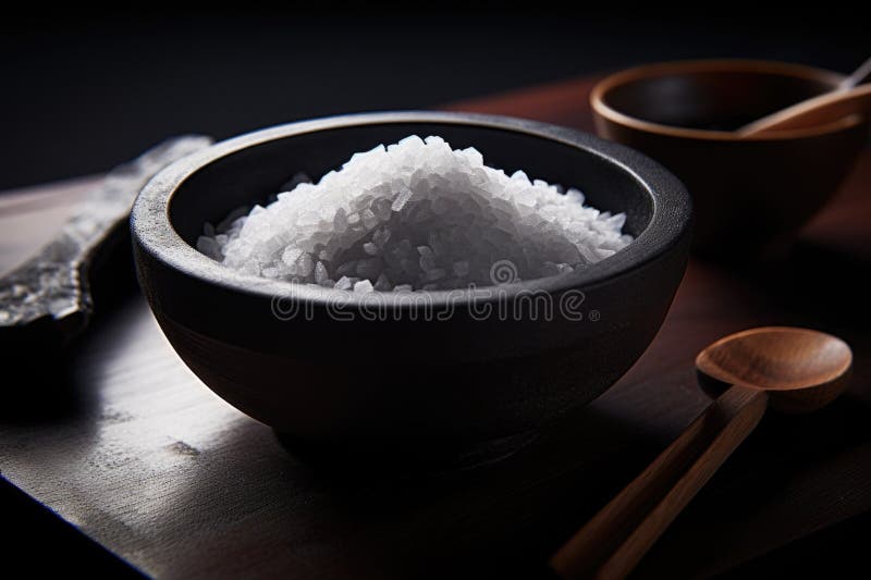 Coarse sea salt in a bowl, with a wooden spoon, symbolizing culinary art and flavor. Coarse sea salt in a bowl, with a wooden spoon, symbolizing culinary art and flavor