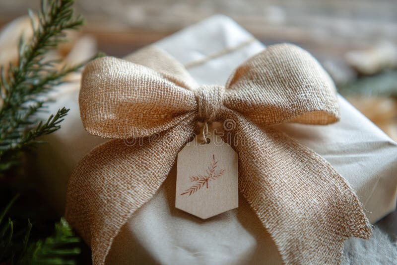 A handwoven ribbon bow with a personalized gift tag attached stock illustration