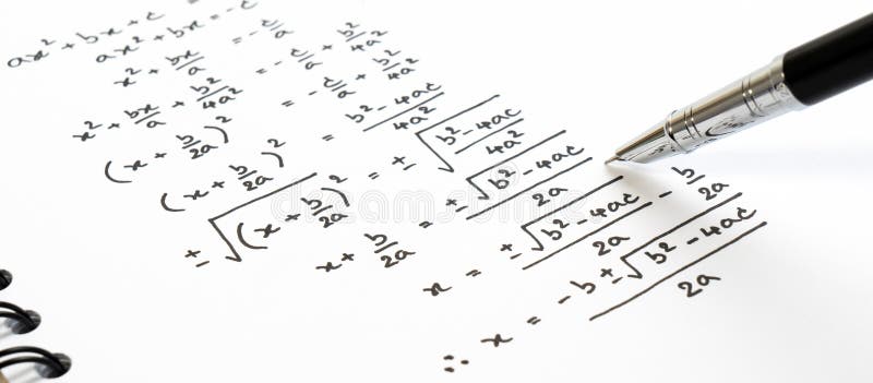 Handwriting of mathematics quadratic equation formula on examination, practice, quiz or test in math class.