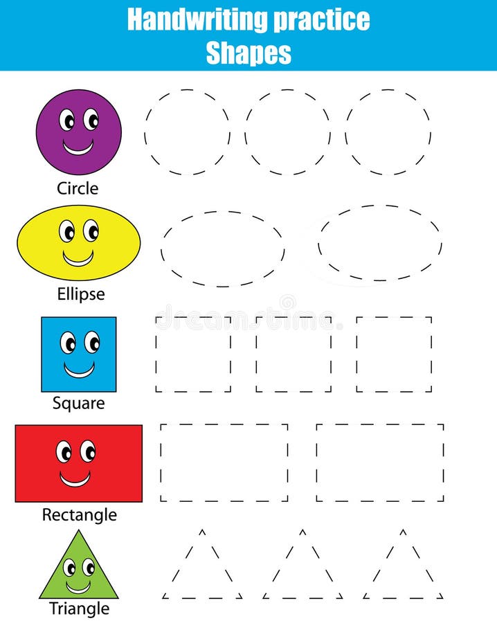 Handwriting practice sheet. Educational children game. Writing training. Connect the dots, restore the dashed line, kids activity. Learning geometry shapes. Handwriting practice sheet. Educational children game. Writing training. Connect the dots, restore the dashed line, kids activity. Learning geometry shapes