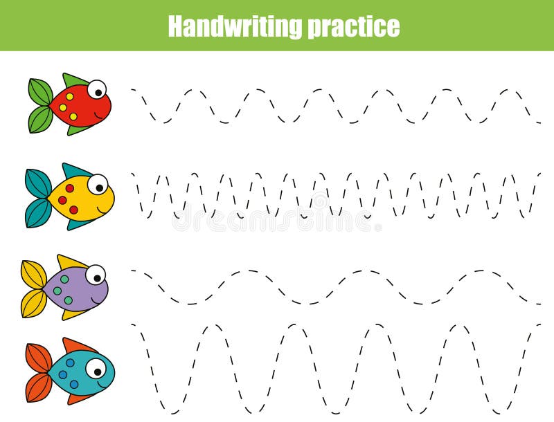 Handwriting practice sheet. Educational children game, restore the dashed line. Writing training printable worksheet with with wavy lines and fish. Handwriting practice sheet. Educational children game, restore the dashed line. Writing training printable worksheet with with wavy lines and fish