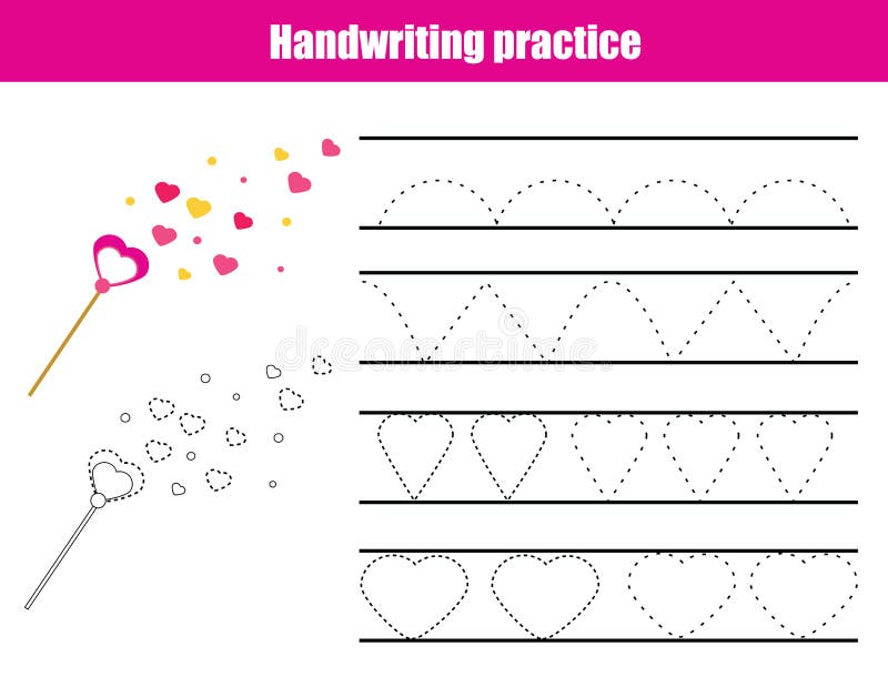 Handwriting practice sheet. Educational children game, printable worksheet for kids. Writing training printable worksheet with wavy lines and heart shapes. Handwriting practice sheet. Educational children game, printable worksheet for kids. Writing training printable worksheet with wavy lines and heart shapes