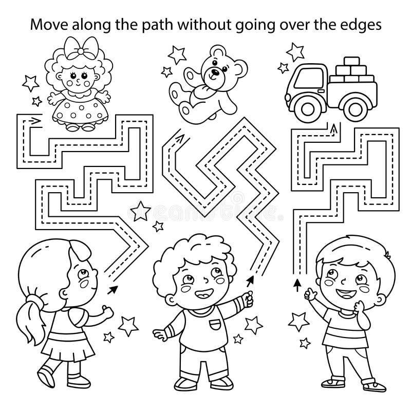 Handwriting practice sheet. Simple educational game or maze. Coloring Page Outline Of cartoon children with toys. Coloring book