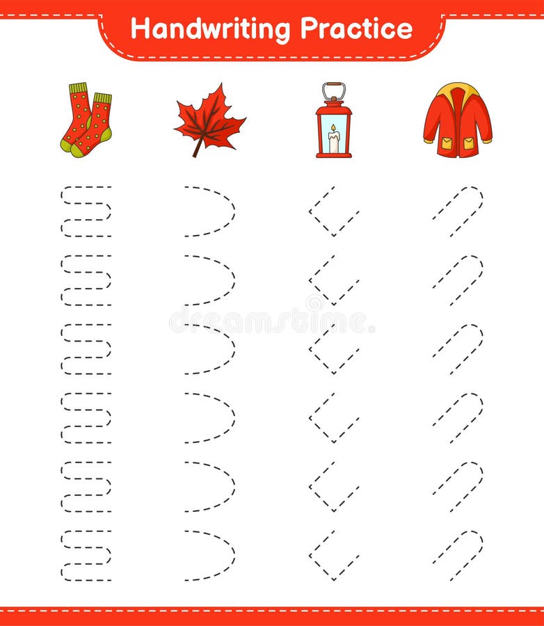 Handwriting practice. Tracing lines of Lantern, Socks, Warm Clothes, and Maple Leaf. Educational children game, printable stock illustration