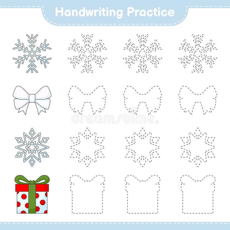 Handwriting practice. Tracing lines of Ribbon, Snowflake, and Gift Box. Educational children game, printable worksheet, vector vector illustration