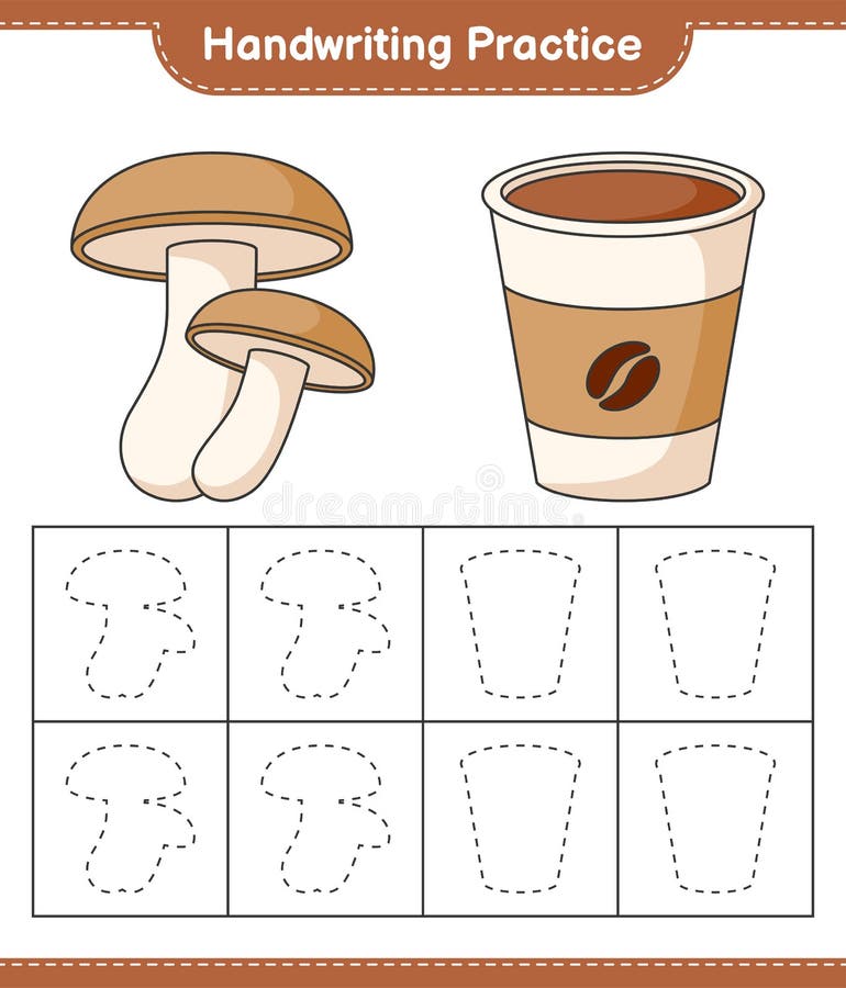 Handwriting practice. Tracing lines of Shiitake and Coffee Cup. Educational children game, printable worksheet, vector royalty free illustration