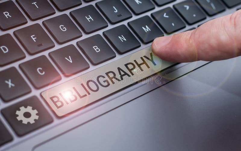 Handwriting text Bibliography. Business idea a list of writings relating to a particular subject, period, or author stock image